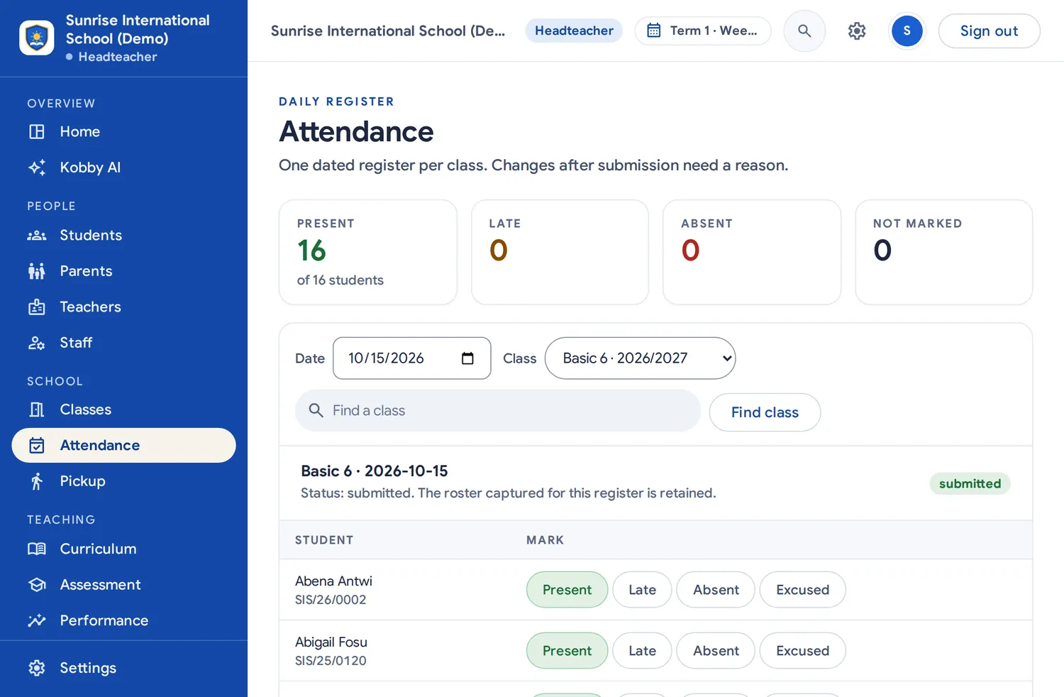 The Attendance page: one dated register per class.