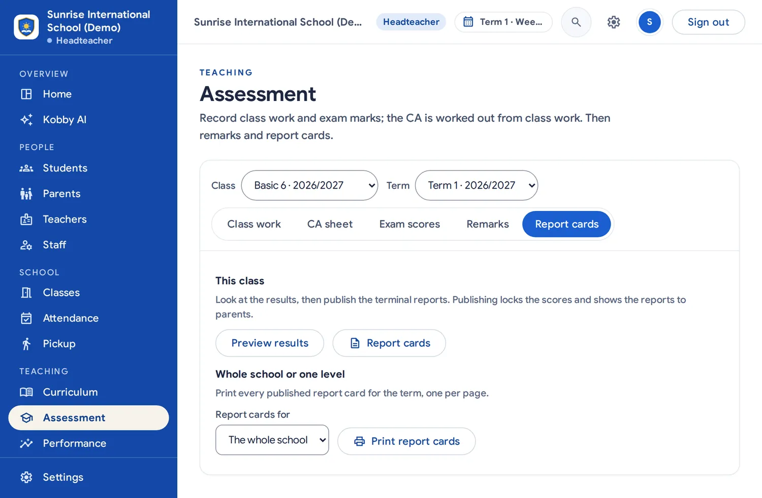 The Assessment page on Report cards: terminal results and published report cards for a class.